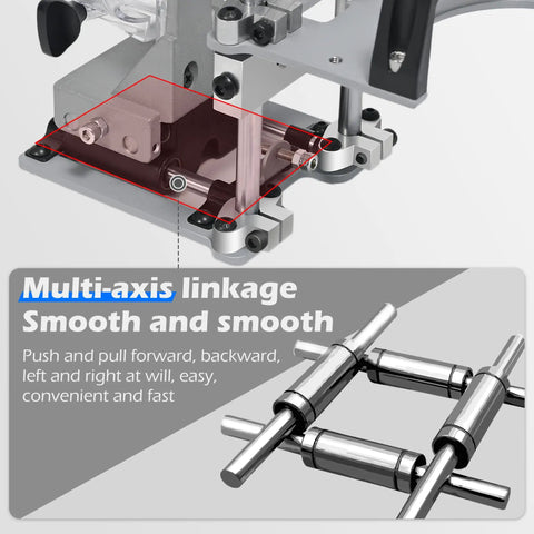 Close-up of the smooth multi-axis linkage on the Badass Manual Mortise And Tenon Jig For Routers, showcasing precision and stability.