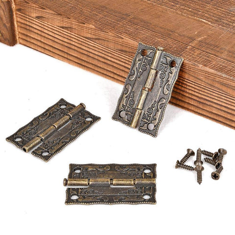 40 Piece Bronze Engraved Hinge Kit For Antique Boxes And Jewelry Boxes Vintage Style Zinc Alloy Decorative Hinges shown with screws.