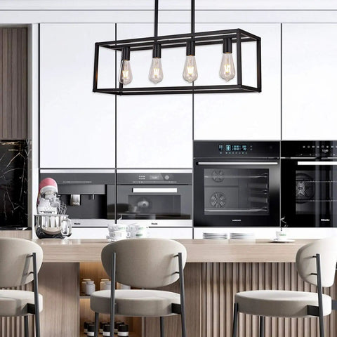 Black Four Light Kitchen Island Pendant Chandelier Fixture, Dope Industrial Farmhouse Metal Ceiling Light for Dining Room