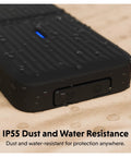 Tool Free USB4 NVMe SSD Enclosure Pushing Straight Up 80Gbps Speeds With Thunderbolt 5 Compatibility showing IP55 dust and water resistance.