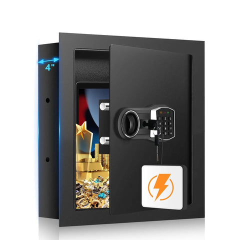 17.71 Inch Fireproof Hidden Wall Safe with Numeric Keypad and Spare Keys, open view with contents