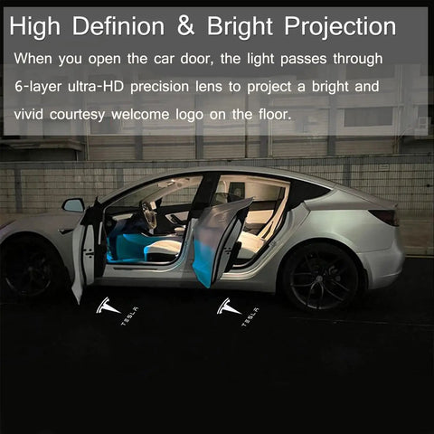 Side view of Tesla Model with doors open, showing Tesla Model Door Logo Projector Lights 4 Pack LED Puddle Welcome Lamps projection.