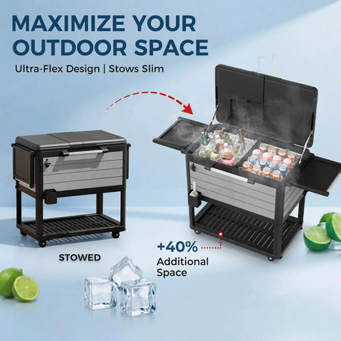 Patio Cooler Cart With Wheels 104 Quart Outdoor Ice Chest Beverage Bar Cart with handles, storage shelf, bottle opener.