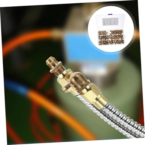 106 Piece Copper Grease Fittings Kit With M6 M8 M10 Zerk Nipples shown with straight and angled fitment on automotive hoses