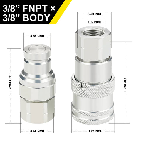 ANCIMOON 3/8 in NPT flat-face hydraulic quick-connect couplers with dust cap, chrome-plated metal (2 shown)