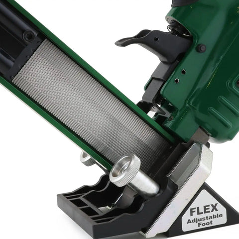 Close-up of Pneumatic 20 Gauge L Cleat Flooring Nailer with adjustable flex foot and visible trigger pull mechanism.