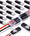 Easy Snap Double Wire Plug In Connectors With Locking Buckle for strip lights and DIY projects, shown with red and black wires connected.