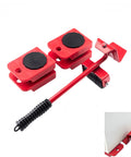 Heavy Duty Furniture Dollies Set With Lever And Four Sliders Supports Up To 300 Lbs showing red dolly sliders and lever tool.