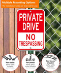 Built Legit Tough Private Driveway Sign 2 Pack 12X18 No Trespassing Warning Board on fence, showcasing mounting options.