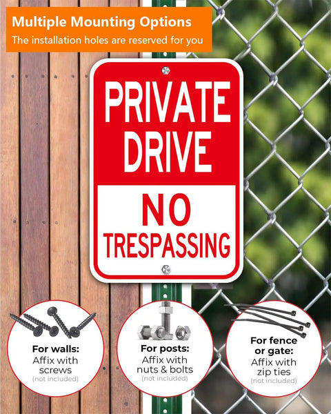 Built Legit Tough Private Driveway Sign 2 Pack 12X18 No Trespassing Warning Board on fence, showcasing mounting options.
