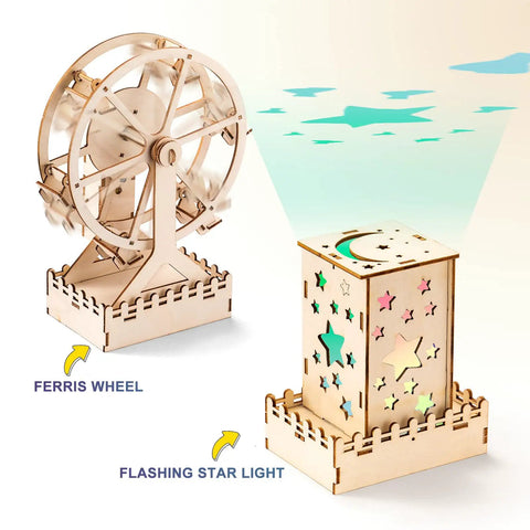 Five In One Wooden STEM Kits For Kids With Amusement Park Theme showing Ferris wheel and star nightlight models, 3D puzzle set