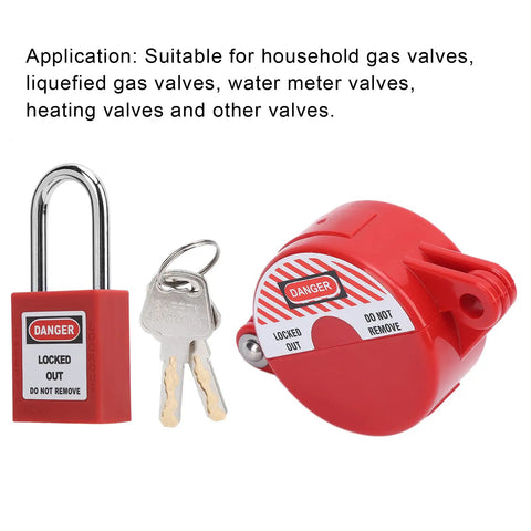Heavy Duty Valve Lockout Safety Padlock for Home Gas And Water Meters With Adjustable Handwheel Fit, red padlock and lockout device with keys.