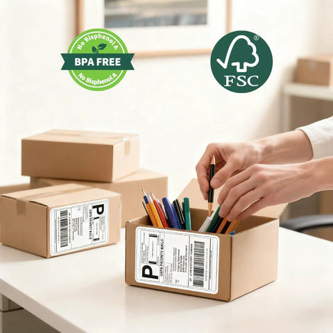 Person packing a box with 4x6 Thermal Shipping Labels 500 Per Stack With Fanfold, BPA Free, Waterproof And Oil Resistant, Clear Print.