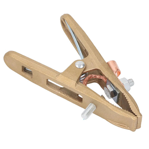 Heavy Duty 500 Amp Brass A Shape Welding Ground Clamp With Mighty Grip For Mig Mma Tig Arc Jobs, showcasing brass jaws and strong spring.