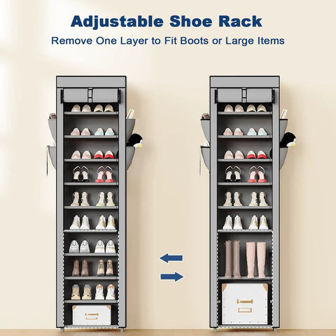 10 Tier Tall Shoe Organizer With Dustproof Cover Large Capacity Shoe Storage Rack For Entryway Closet Or Garage Holds 18 To 22 Pairs Grey Easy To Assemble And Space Saving Design