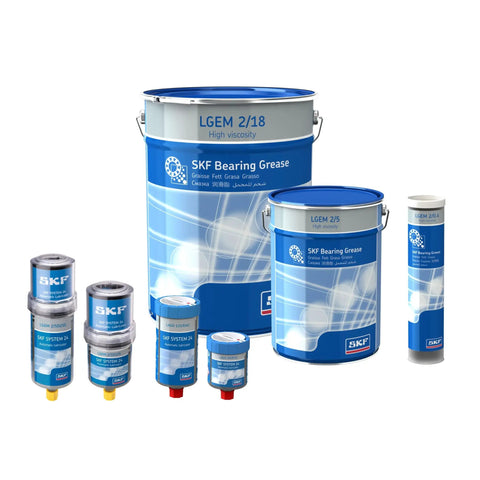 Various sizes of SKF bearing grease containers, including tubs and cartridges, showcasing heavy-duty pro-grade industrial performance grease.