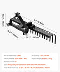 50 Inch Tow Behind Landscape Rake With 17 Steel Tines for Category 1 Tractors, angle adjustable design, black finish
