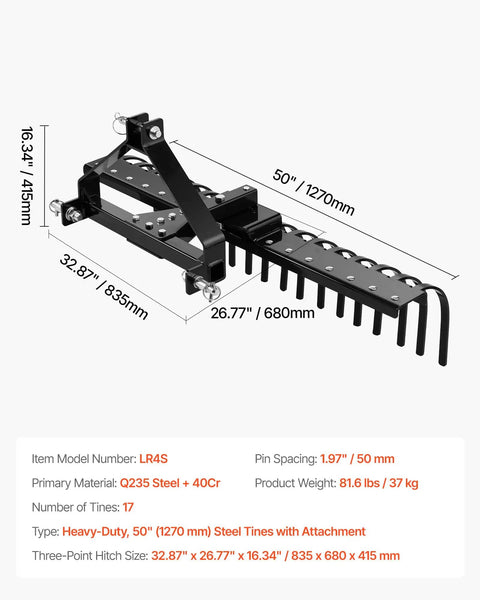 50 Inch Tow Behind Landscape Rake With 17 Steel Tines for Category 1 Tractors, angle adjustable design, black finish
