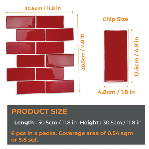 Peel And Stick Kitchen Backsplash Tiles Self Adhesive Subway Tile 11.8 By 11.8 Inches Red Glossy Water And Heat Resistant 3D