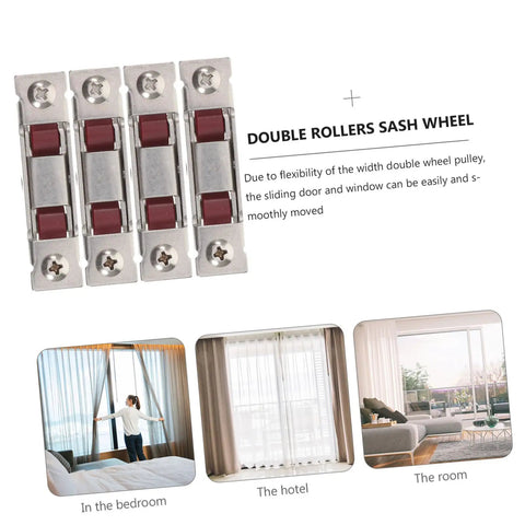Eight Piece Heavy Duty Double Wheel Pulley Kit For Effortless Smooth Gliding Sliding Screen Doors And Window Track Replacement Barn Door Rollers With Dead Simple Setup showing double rollers sash wheel for sliding door use.
