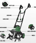 Diagram of a Powerful 14 Inch Electric Tiller Cultivator with 10 Amp Motor, detailing parts like safety lock, wheel adjustment, and four steel tines.
