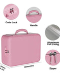 Pink Beefed Up Heatproof Document Safe With Lock And Insulated 5200F Fireproof Waterproof Box displaying handle, lock, zipper details.