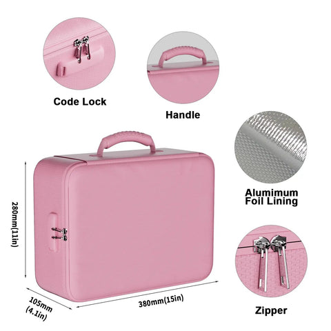 Pink Beefed Up Heatproof Document Safe With Lock And Insulated 5200F Fireproof Waterproof Box displaying handle, lock, zipper details.