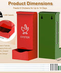 Heavy Duty Metal Chicken Feeder And Oyster Shell Dispenser, 5 lbs capacity, red and green design, dimensions for poultry flocks.