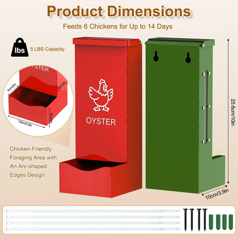 Heavy Duty Metal Chicken Feeder And Oyster Shell Dispenser, 5 lbs capacity, red and green design, dimensions for poultry flocks.