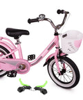 Three Finger Bike Brake Lever For Boys And Girls shown with pink children's bike with basket and glossy black handlebars, green levers.