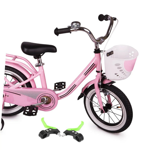 Three Finger Bike Brake Lever For Boys And Girls shown with pink children's bike with basket and glossy black handlebars, green levers.