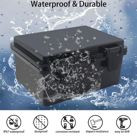 Heavy Duty Waterproof Electrical Junction Box With Hinged Lid Rock Solid Ip67 Abs Project Enclosure Wall Mount Bracket Included Loads Of Room For Circuit Parts And Tech Gear Tough Outdoor Housing Measuring 7 1 X 5 1 Inches with water splashes.
