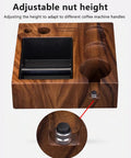 Top Shelf Natural Walnut Espresso Knock Box And Tamp Station, adjustable nut height feature for versatile use.