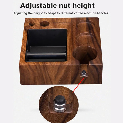 Top Shelf Natural Walnut Espresso Knock Box And Tamp Station, adjustable nut height feature for versatile use.