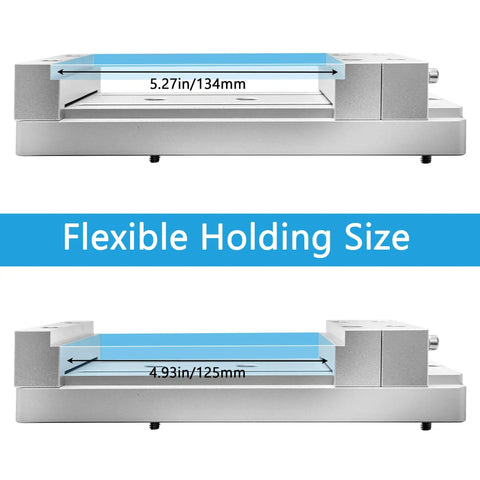 Compact Low Profile Bench Vise Work Table Clamp for Desktop CNC Routers, shown with flexible holding size options.