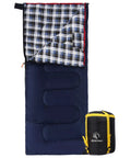 Cozy 3 Season Sleeping Bag For Camping And Backpacking 75x33 Inches Navy Blue With 2lb hollow cotton fill, plaid liner, and compression sack