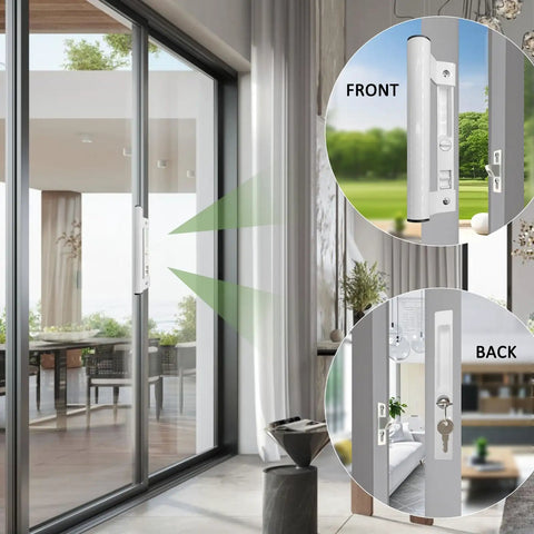 White Sliding Glass Door Handle Set With Sturdy Latch And No Hassle Install For All Standard Patio Doors, showing front and back views.