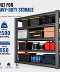 Knockout Heavy Duty Tote Storage Rack With Adjustable 5 Tier Garage Shelving displaying bins and boxes for efficient storage.