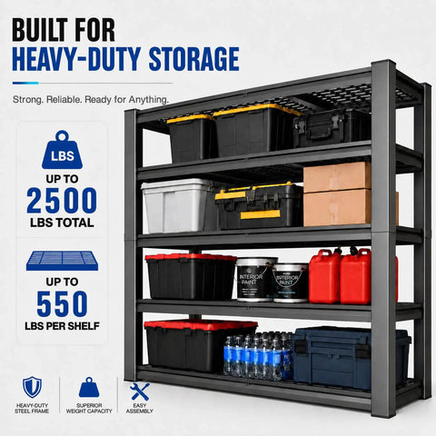 Knockout Heavy Duty Tote Storage Rack With Adjustable 5 Tier Garage Shelving displaying bins and boxes for efficient storage.