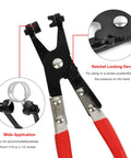 Close-up of spring-loaded pliers with ratchet locking device from 9 Piece Hose Clamp Pliers Set For Fuel Oil And Water Hoses, Long Reach