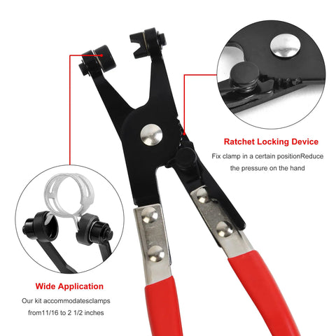 Close-up of spring-loaded pliers with ratchet locking device from 9 Piece Hose Clamp Pliers Set For Fuel Oil And Water Hoses, Long Reach