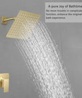 Brushed Gold Shower System With 8 Inch Rainfall Shower Head Single Handle Trim Kit And Rough In Valve For A Boss Level High Pressure Spa Vibe In Your Bathroom showcasing water flow