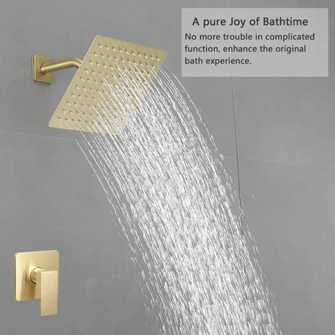 Brushed Gold Shower System With 8 Inch Rainfall Shower Head Single Handle Trim Kit And Rough In Valve For A Boss Level High Pressure Spa Vibe In Your Bathroom showcasing water flow