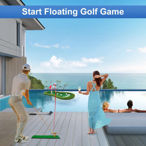 Couple enjoying Floating Golf Green For Pool And Lake with chipping mat, ball retriever, and poolside setting.