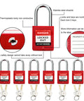 Close-up of red safety padlocks with keys, part of 90 Piece Lockout Tagout Kit With Red Tool Box For Electrical Safety, labeled for danger.