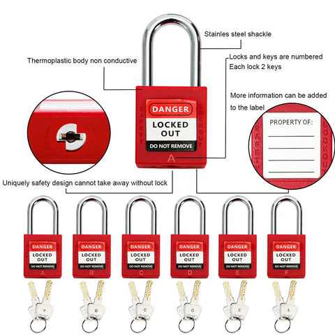 Close-up of red safety padlocks with keys, part of 90 Piece Lockout Tagout Kit With Red Tool Box For Electrical Safety, labeled for danger.