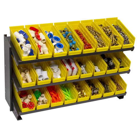 Garage Ready Heavy Duty Three Shelf Work Bench Storage Rack with Angled Shelves for Plastic Bins, 36 and Three Quarters Inches Wide, 12 Inches Deep, 25 Inches High, Gray.