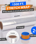 Heavy Duty 80 Gauge Clear Stretch Film Rolls, 4 Rolls, 18 Inch By 1500 Feet Each, Industrial Strength Packing Wrap with holders