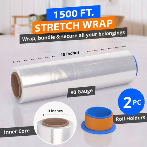 Heavy Duty 80 Gauge Clear Stretch Film Rolls, 4 Rolls, 18 Inch By 1500 Feet Each, Industrial Strength Packing Wrap with holders