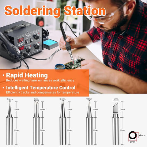 Two In One Hot Air Rework Soldering Station Kit with Adjustable Holder, showing rapid heating and temperature control features